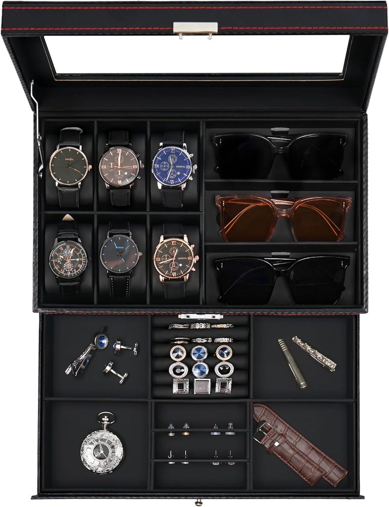 Jenseits Watch Box for Mens Jewelry Box, 6 Slot Watch Case & 3 Slot Sunglasses Organizer, Lockable PU Leather Jewelry Organizer Watch Display Storage W/Drawer For Rings Bracelets, Gift for Men Women - Image 1